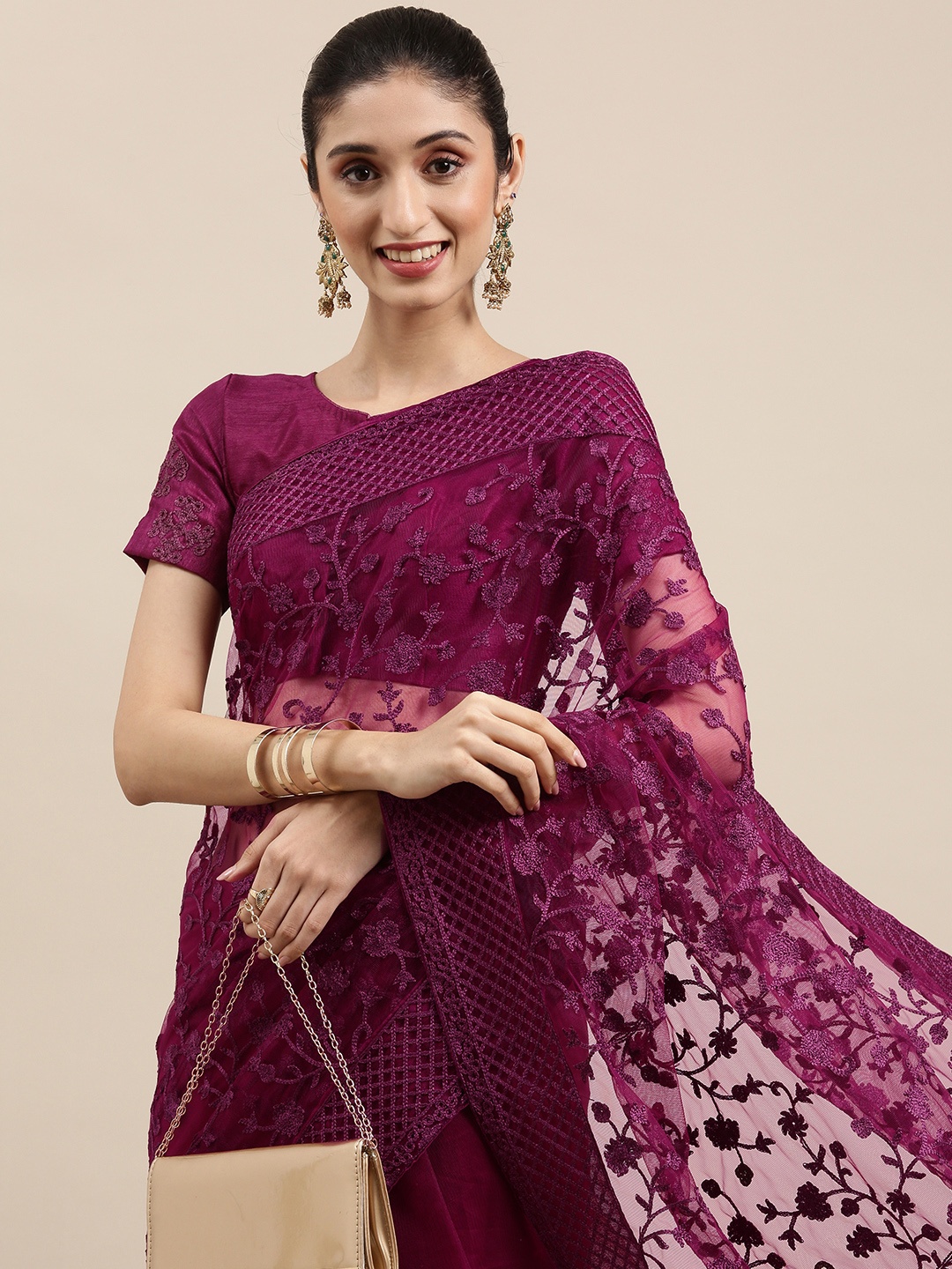 

all about you Fuchsia Floral Embroidered Net Tussar Saree