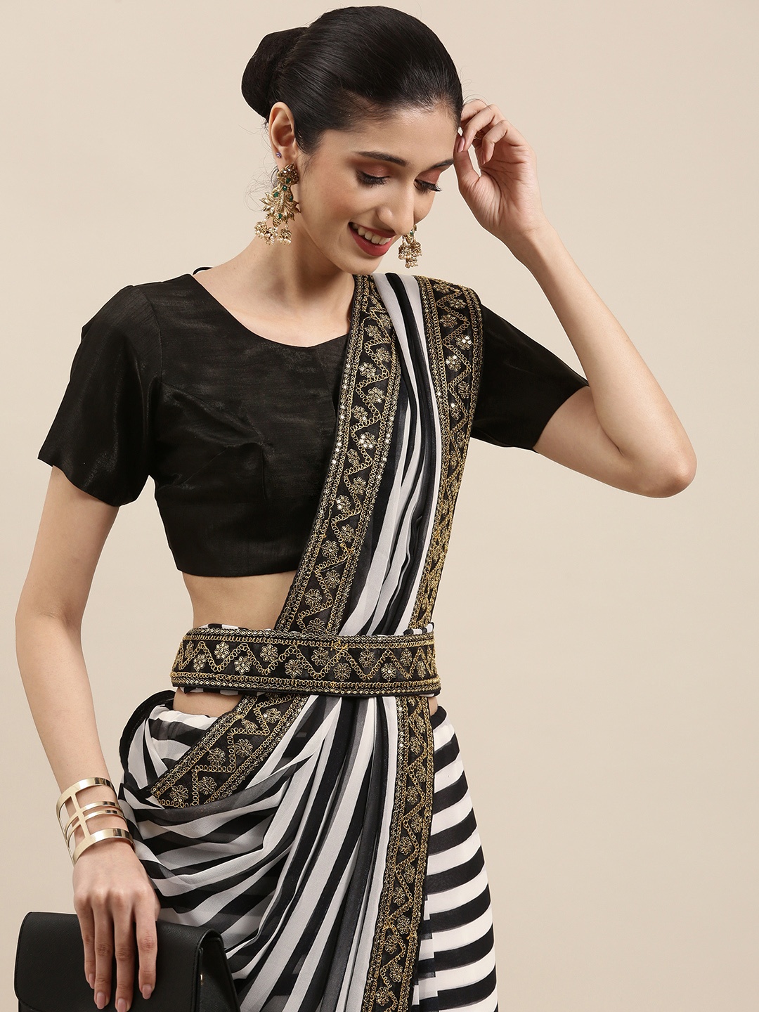 

all about you Black & White Striped Zari Saree