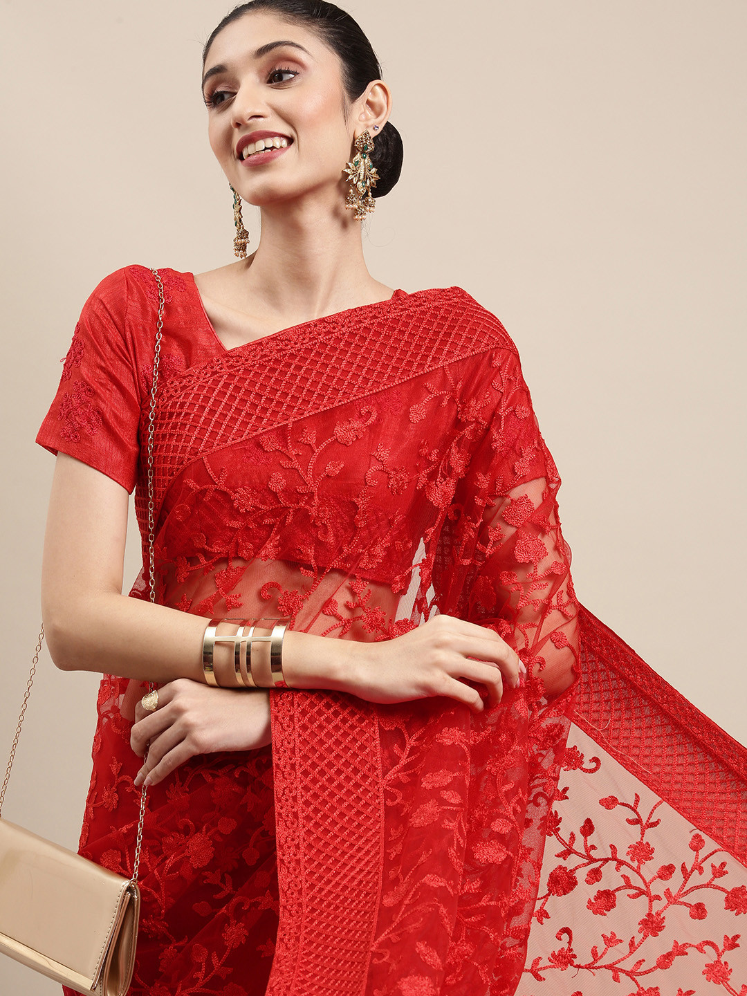 

all about you Red Floral Embroidered Net Tussar Saree