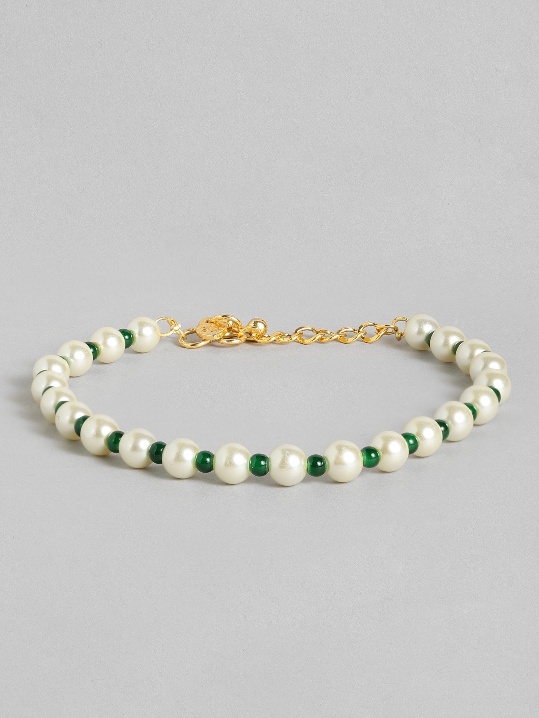 

I Jewels Gold-Plated White & Green Pearl Studded & Beaded Anklets