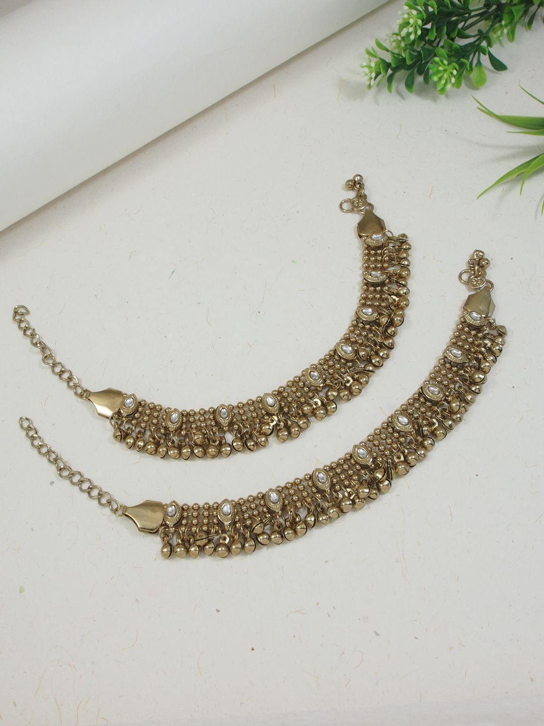 

I Jewels Set of 2 Gold-Plated Kundan Studded Ghungroo Anklets