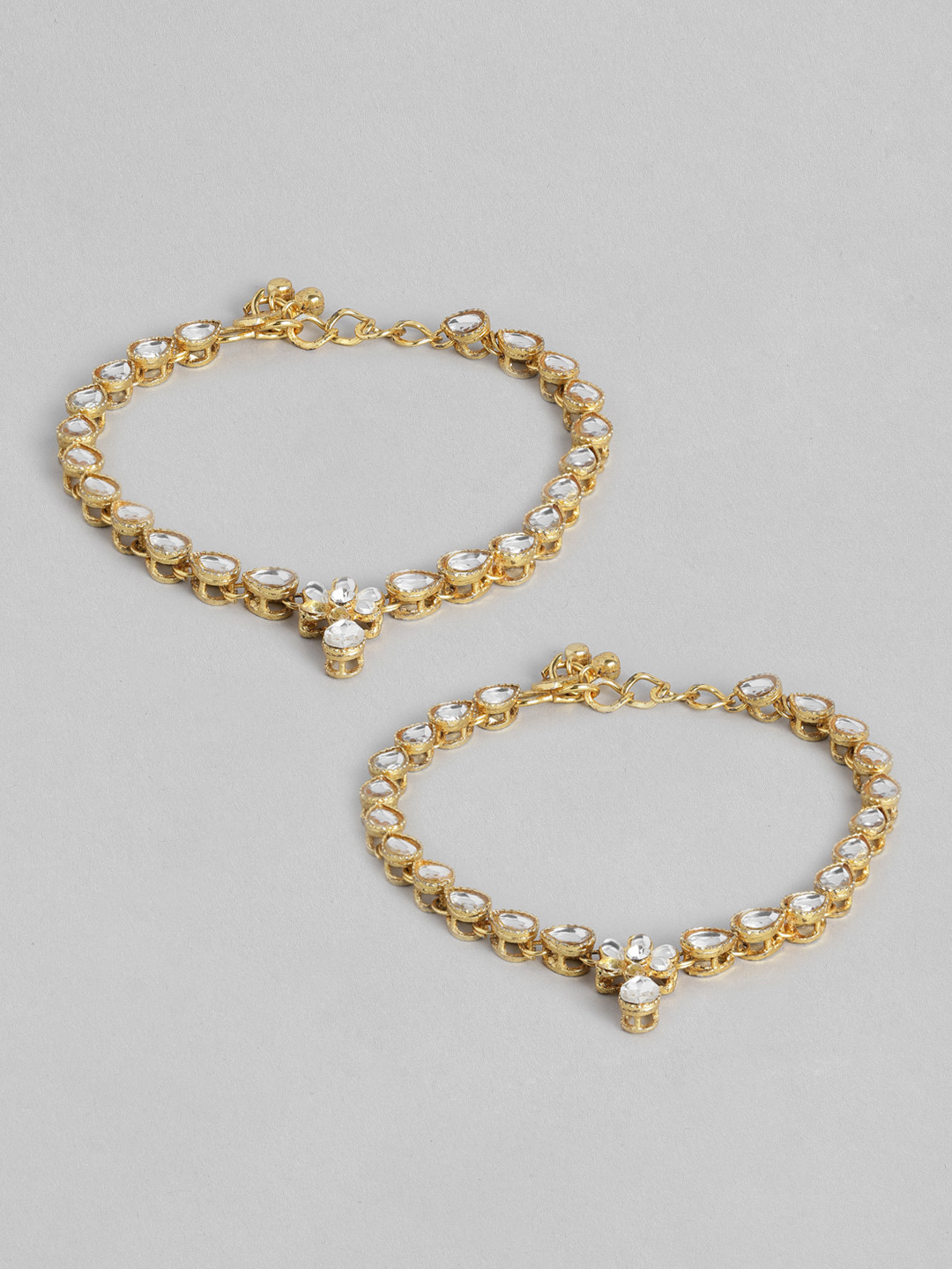 

I Jewels Set of 2 Gold-Plated White Kundan-Studded & Beaded Anklets
