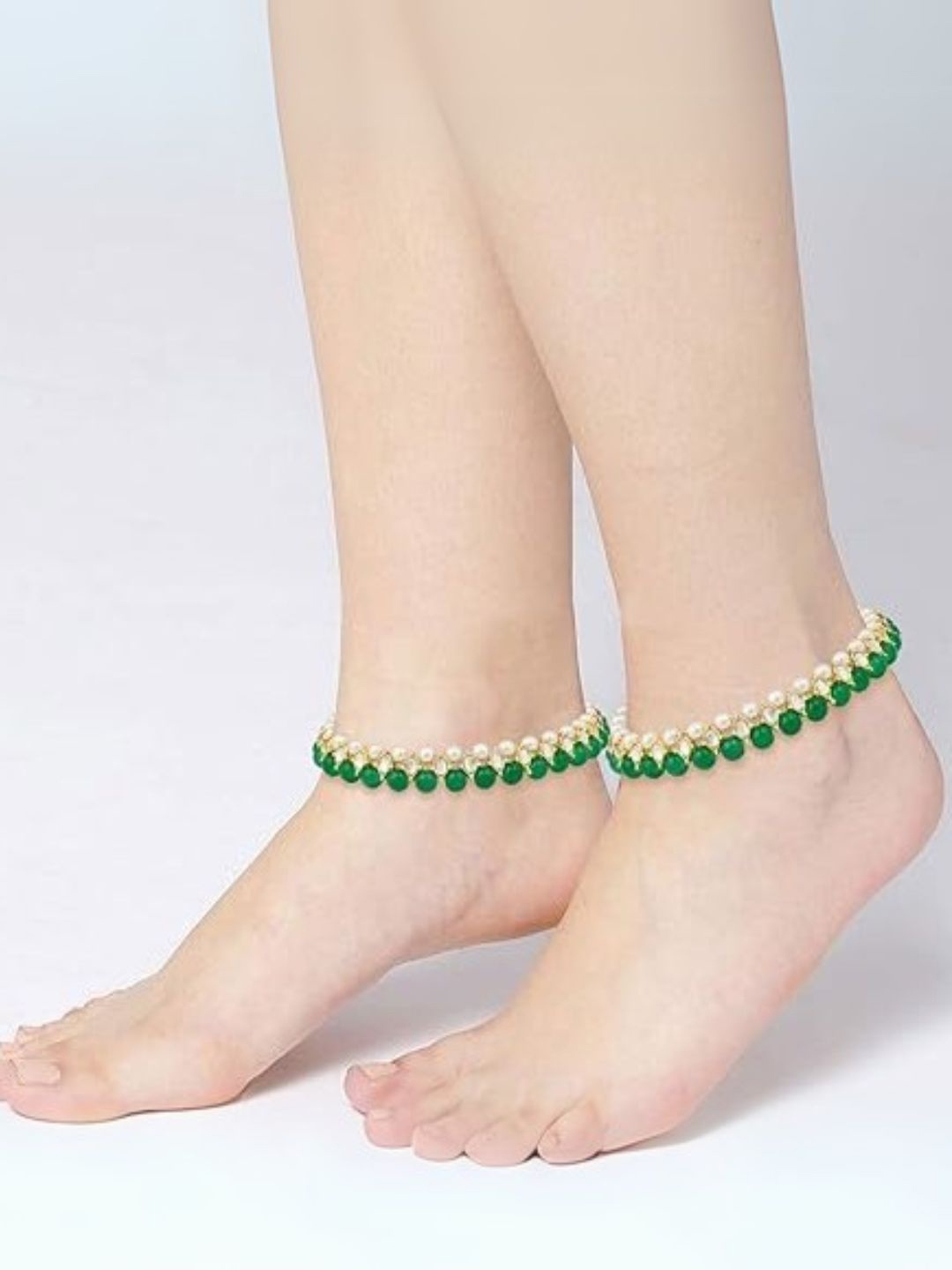 

I Jewels Set of 2 Gold-Plated Green & White Pearl-Studded & Beaded Anklets