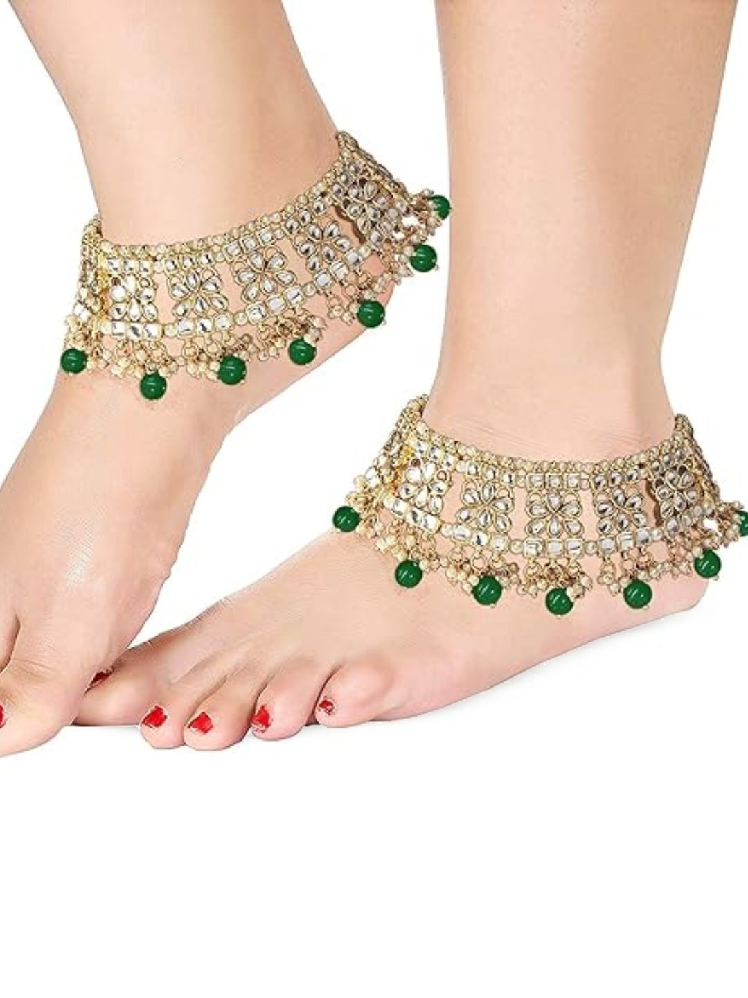 

I Jewels Set of 2 Gold-Plated Green Kundan-Studded & Beaded Anklets