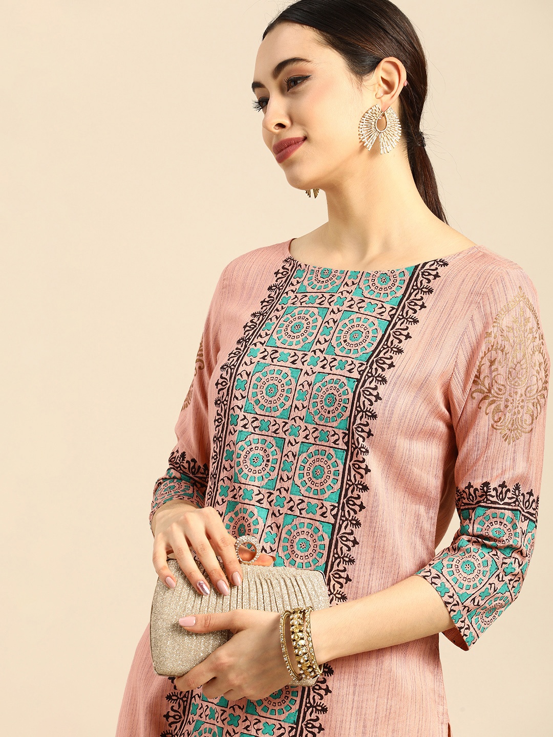 

Anouk Women Pink & Green Ethnic Motifs Printed Block Print Kurta