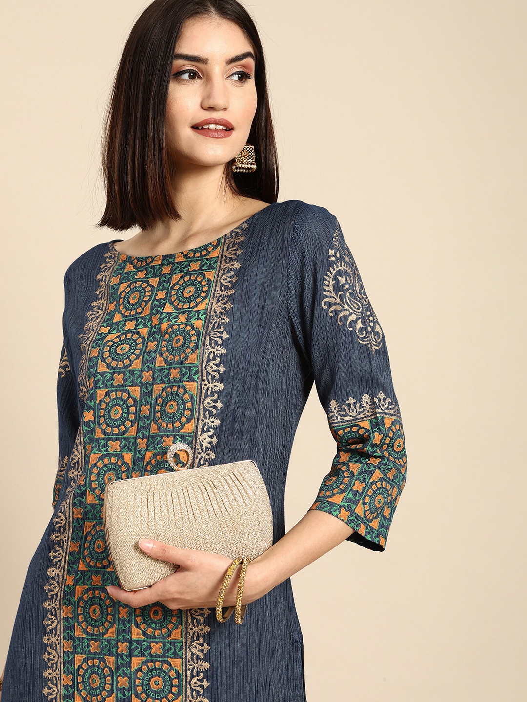 

Anouk Women Navy Blue & Mustard Yellow Ethnic Motifs Printed Block Print Kurta