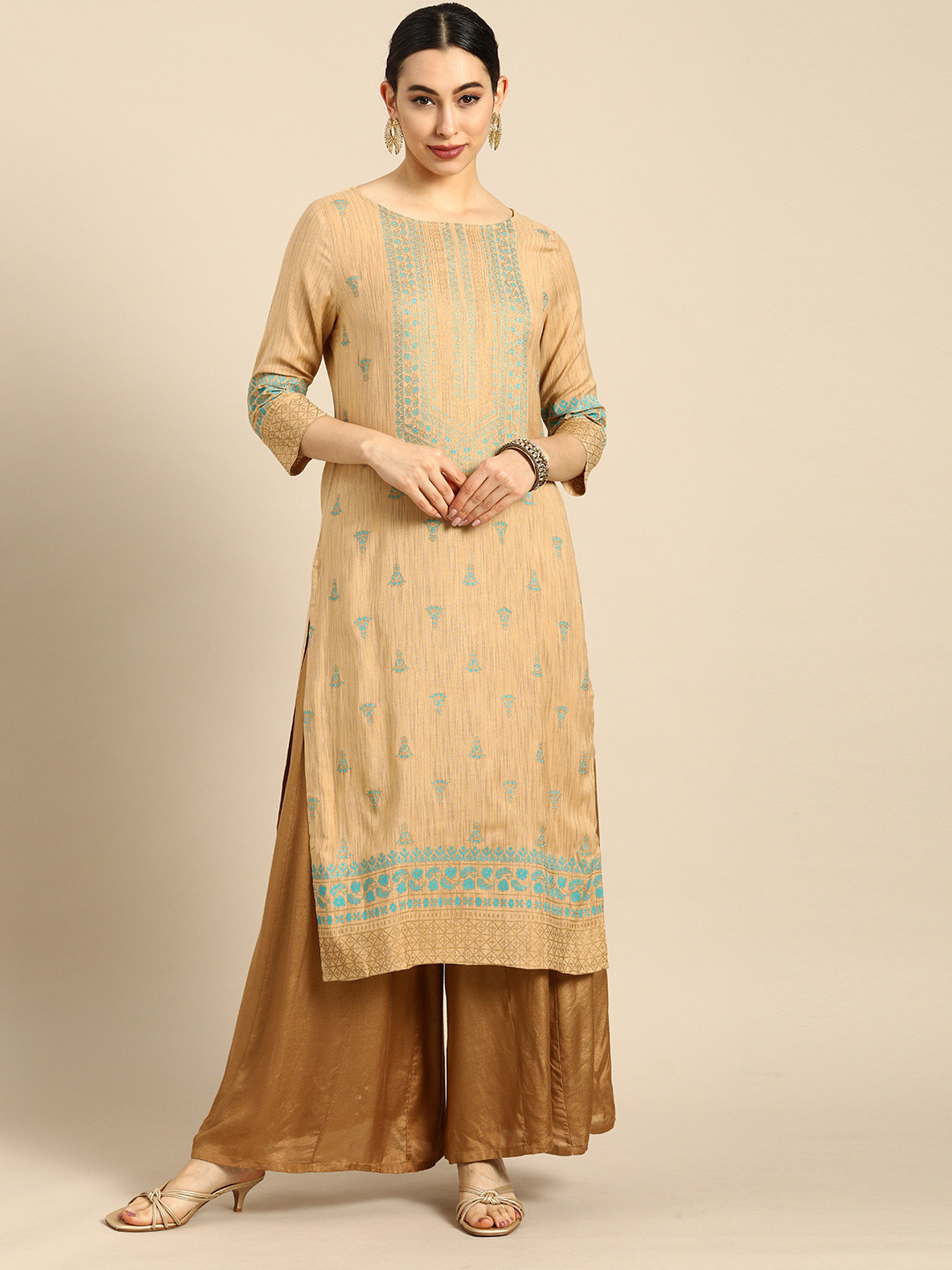 

Anouk Women Beige & Blue Ethnic Motifs Printed Block Print Kurta