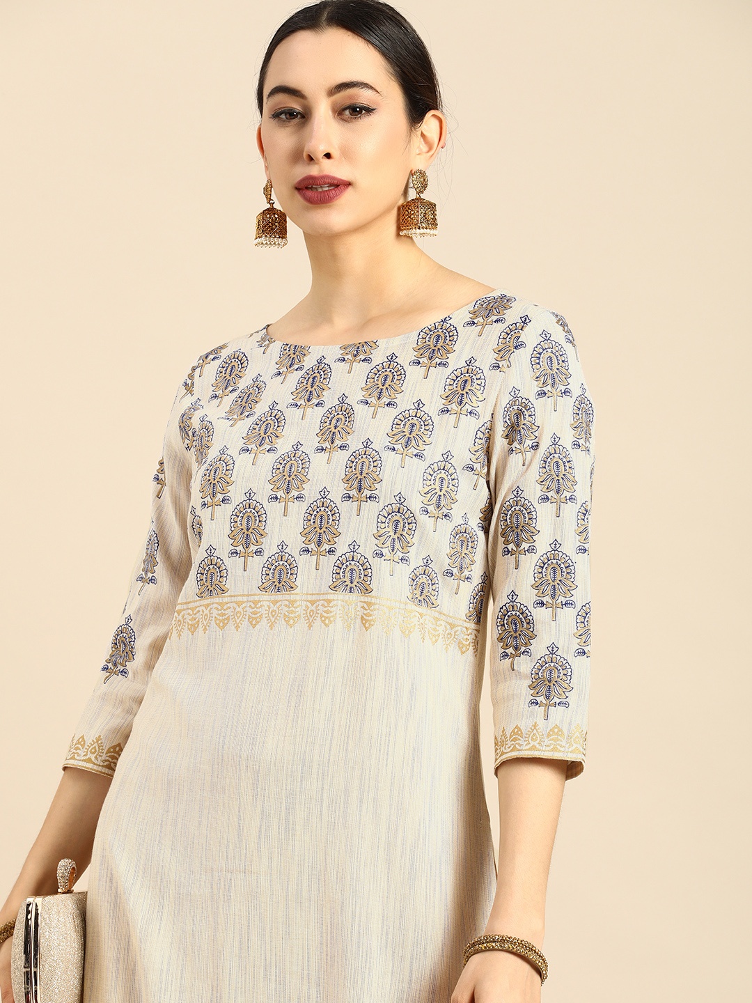 

Anouk Women Off White Ethnic Motifs Printed Block Print Kurta