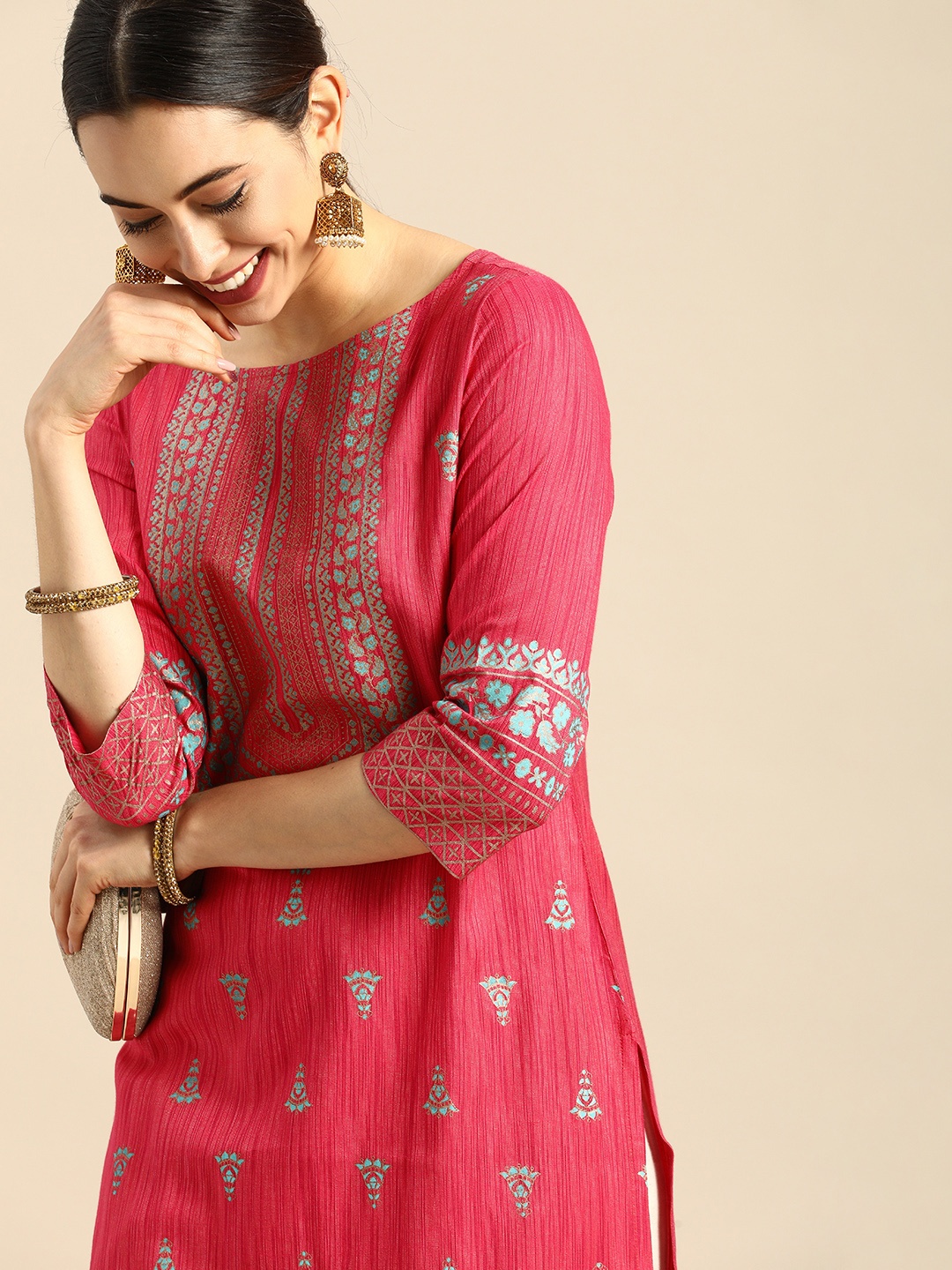 

Anouk Women Fuchsia Ethnic Motifs Printed Block Print Kurta
