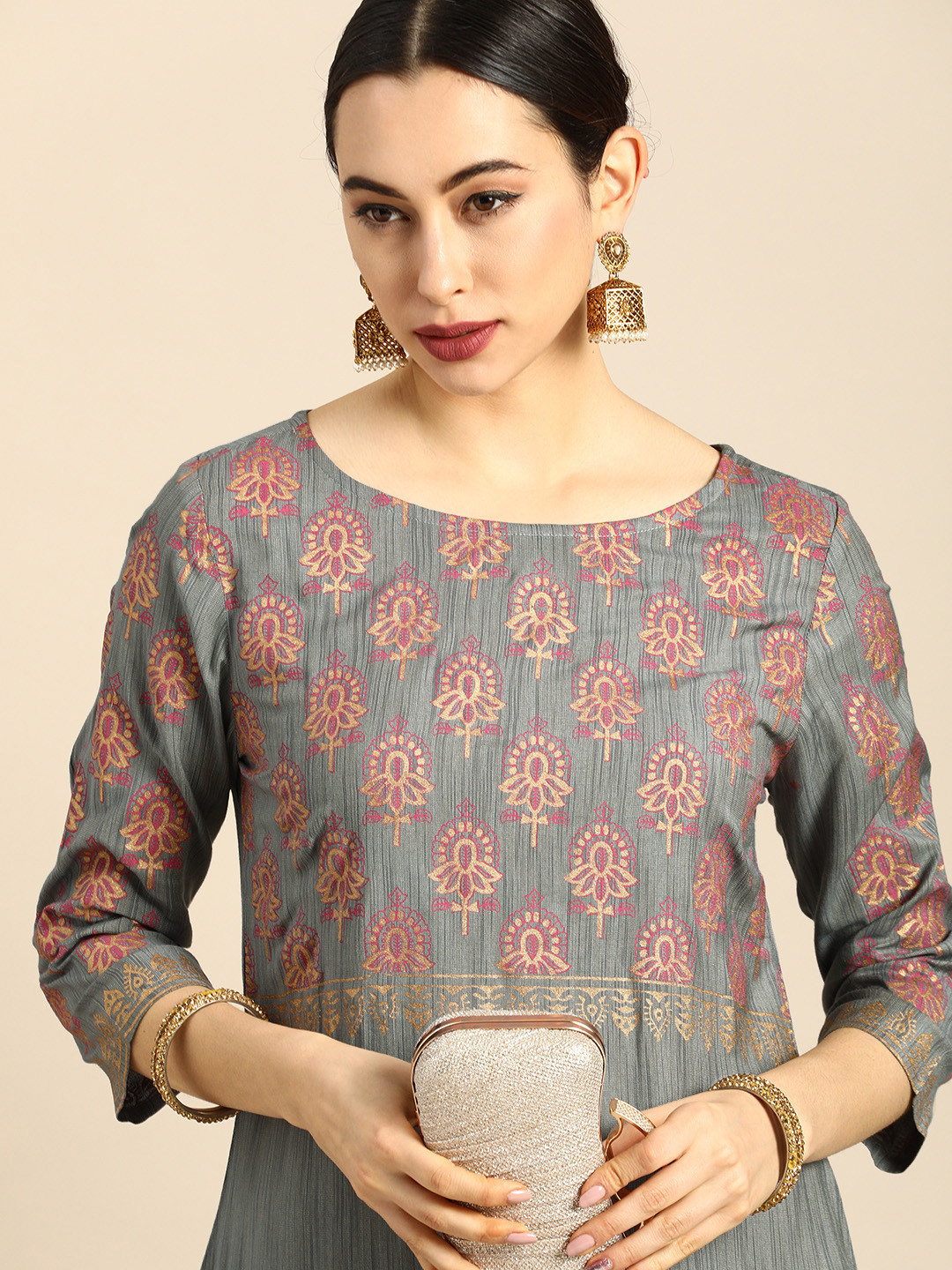

Anouk Women Grey Ethnic Motifs Printed Block Print Kurta