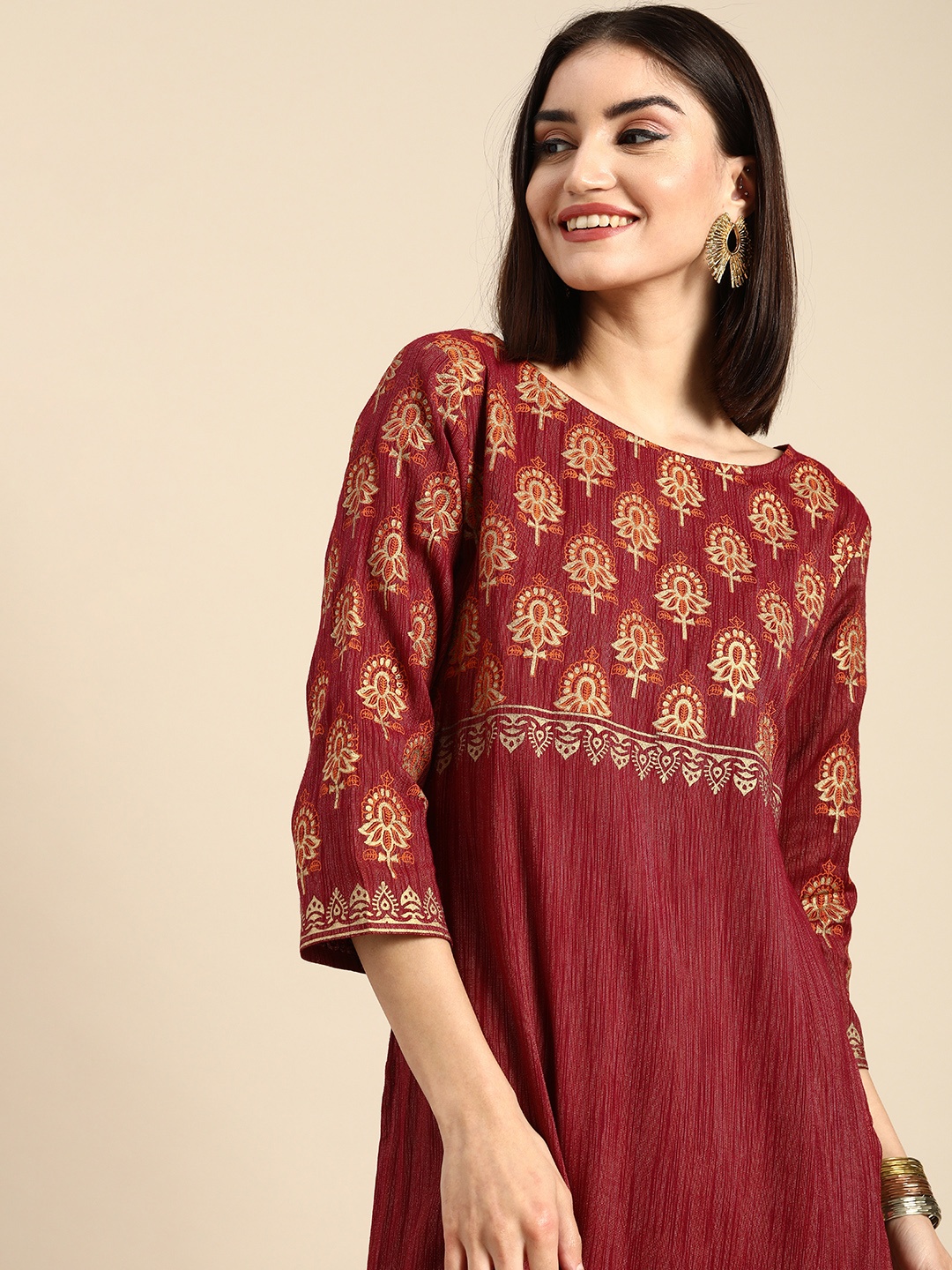 

Anouk Women Maroon Ethnic Motifs Printed Block Print Kurta