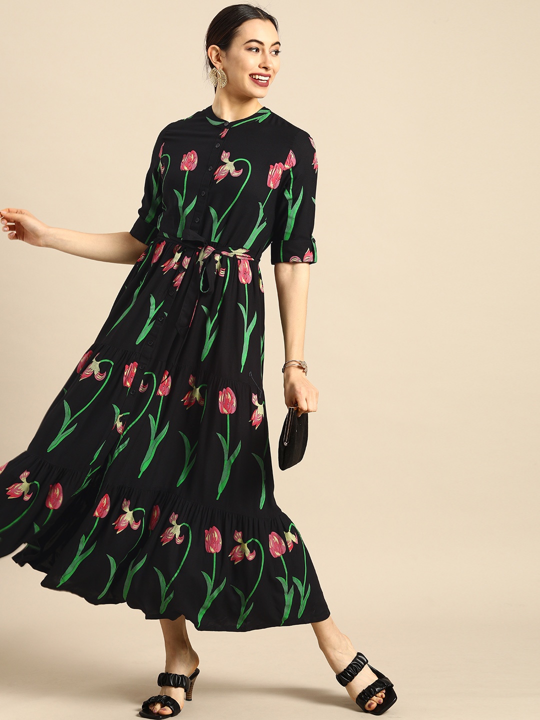 

Anouk Black & Pink Floral Ethnic Maxi Dress