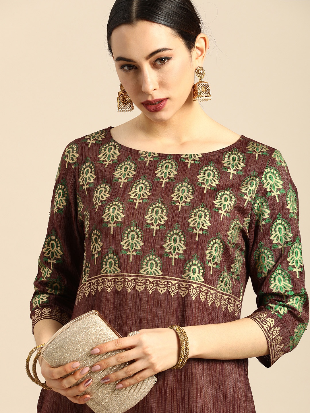 

Anouk Women Brown Ethnic Motifs Printed Block Print Kurta