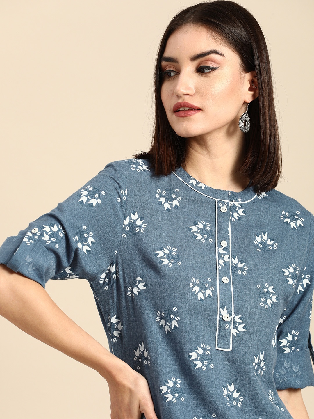 

Anouk Women Blue Ethnic Motifs Printed Floral Pathani Kurta