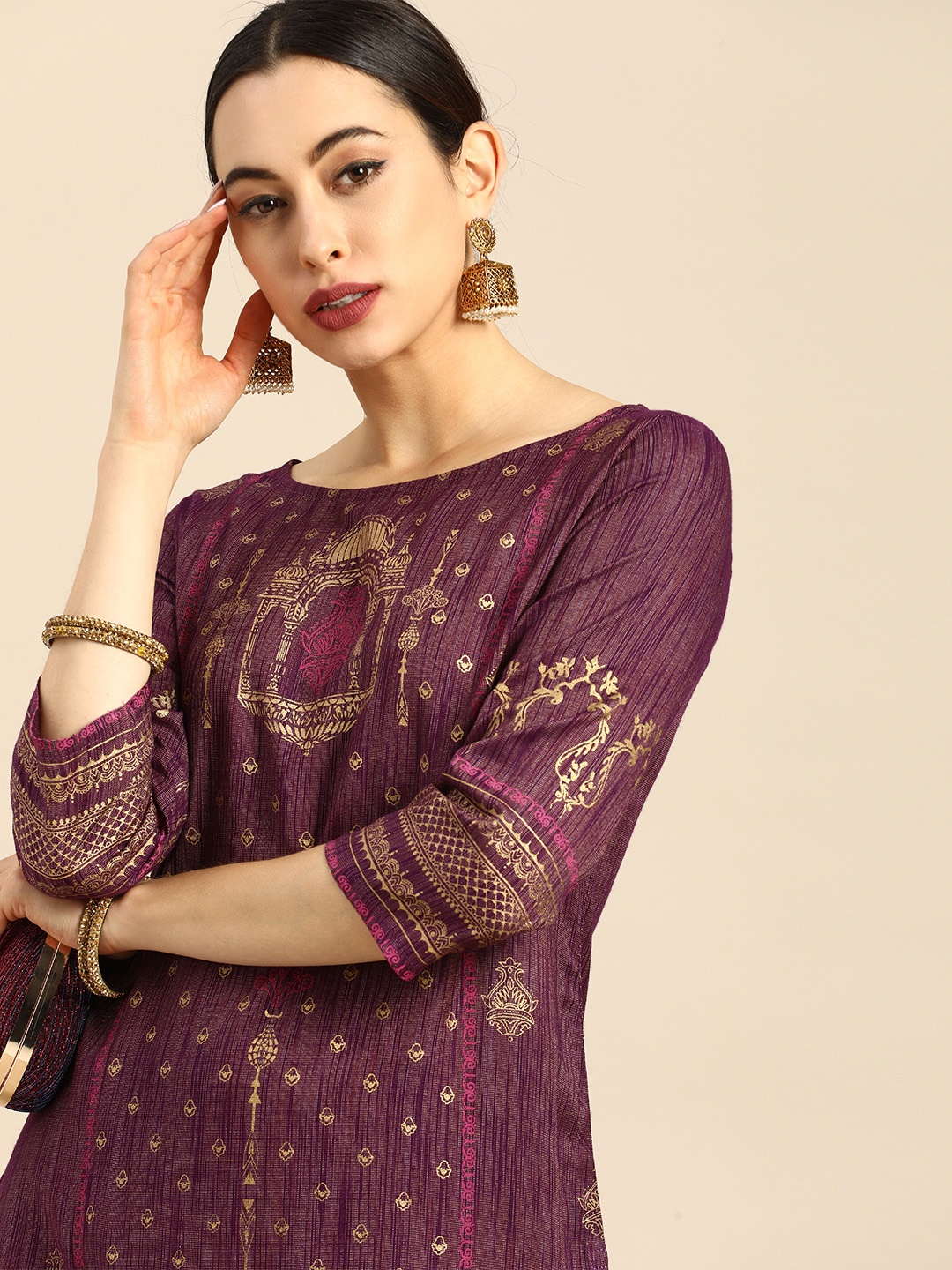 

Anouk Women Purple Ethnic Motifs Printed Block Print Kurta