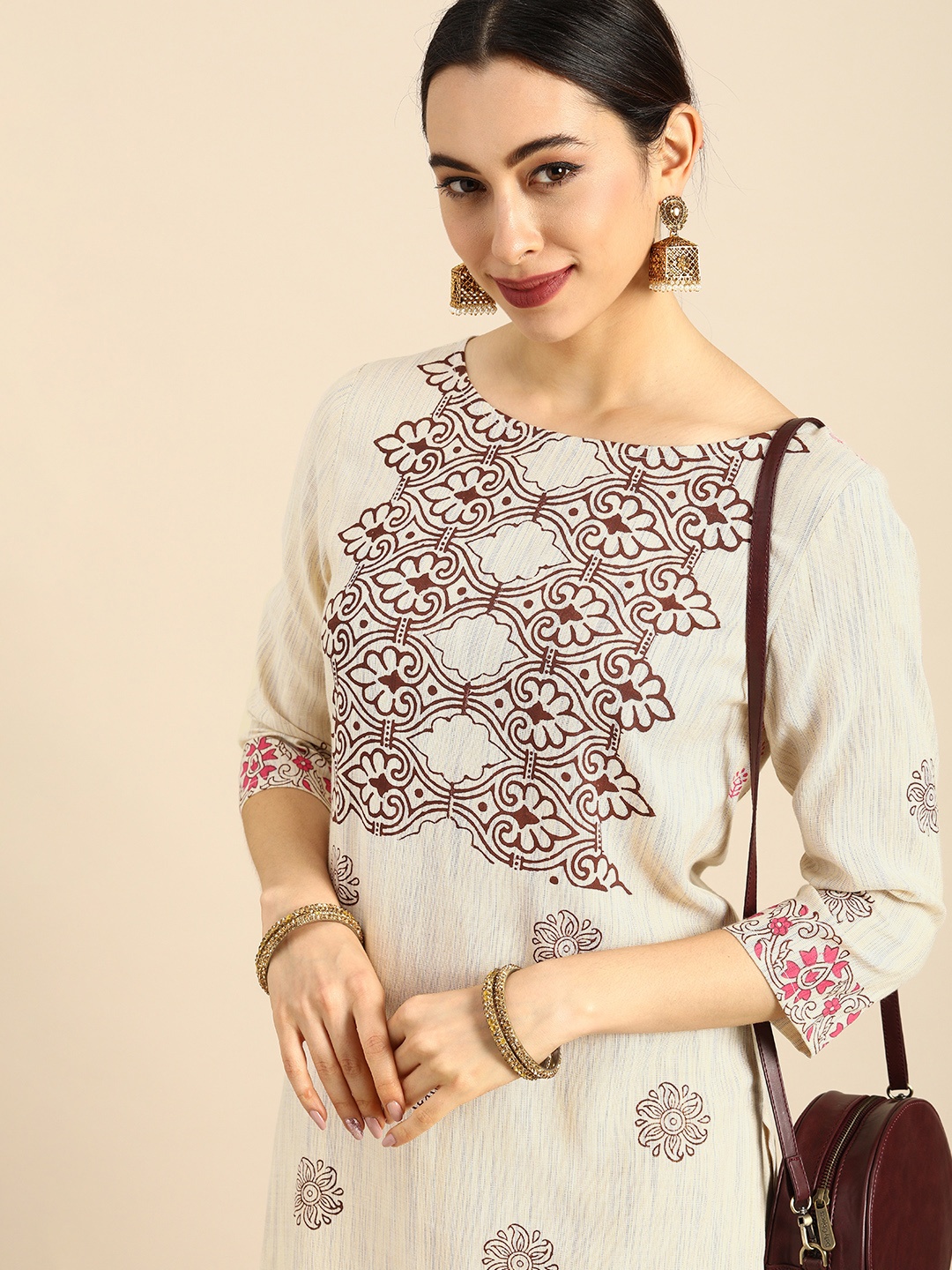 

Anouk Women Off White Ethnic Motifs Printed Block Print Kurta
