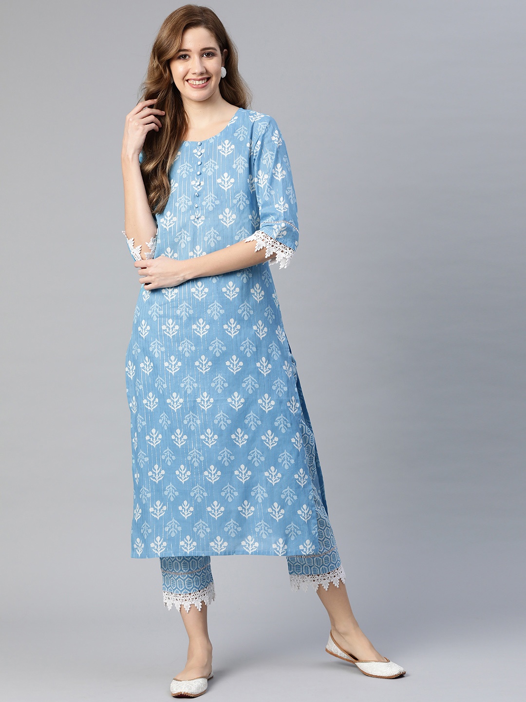 

Yuris Women Turquoise Blue Ethnic Motifs Printed Regular Pure Cotton Kurta with Trousers