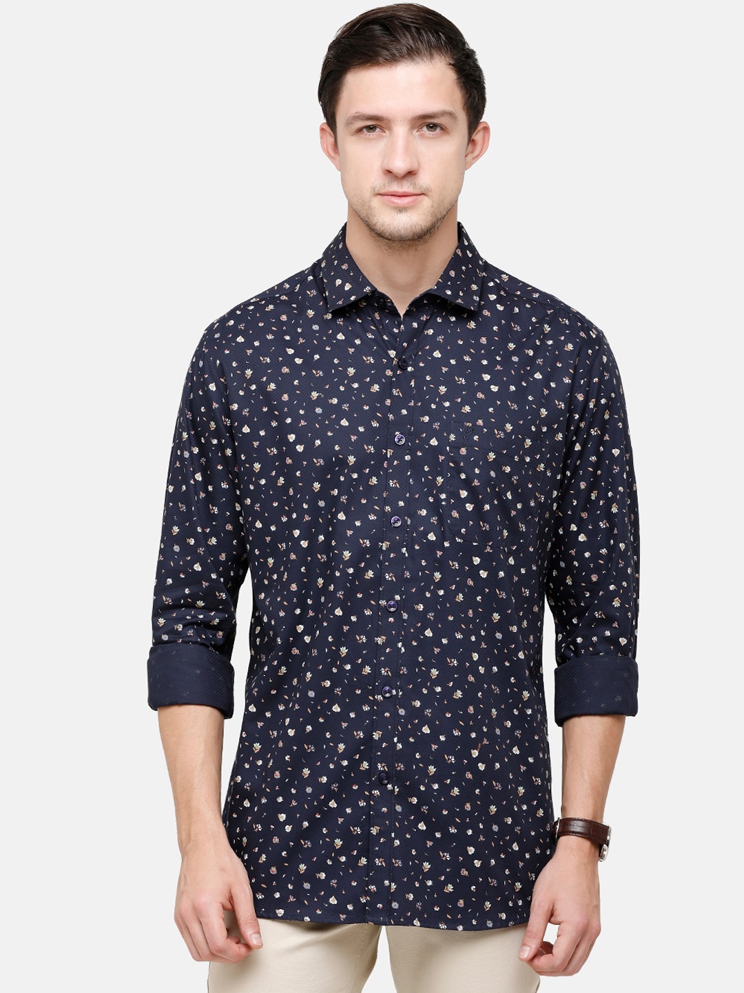 

Classic Polo Men Navy Blue Slim Fit Floral Printed Casual Pure Cotton Shirt