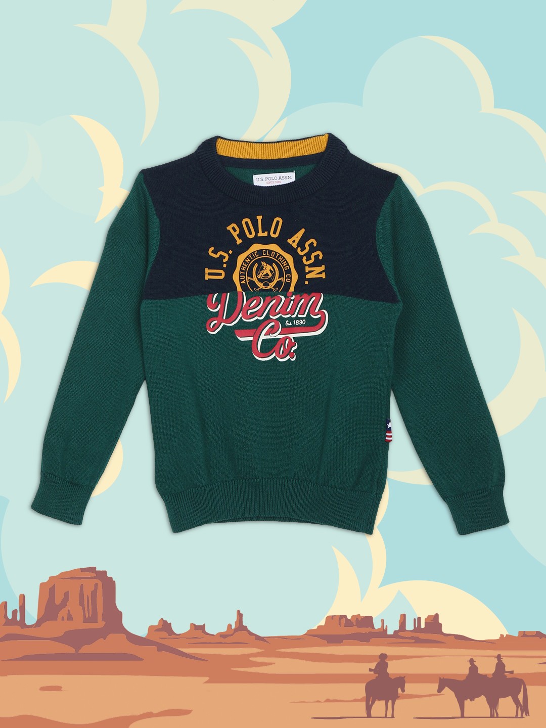 

U.S. Polo Assn. Kids Boys Green & Blue Typography Printed Pullover Sweater