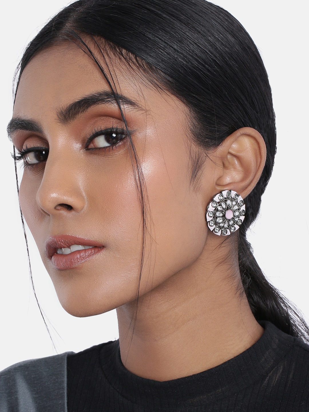 

I Jewels Pink & Silver-Toned Circular Studs Earrings