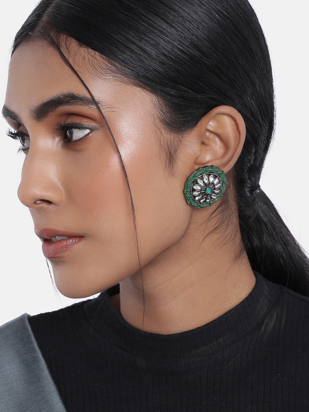 

I Jewels Green & Silver-Toned Circular Studs Earrings