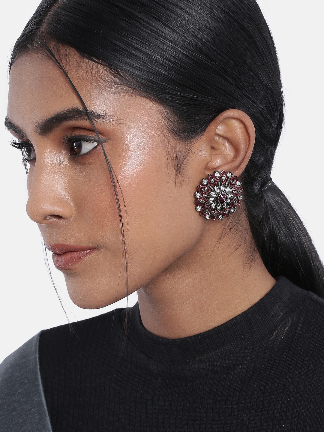 

I Jewels Maroon Oxidised Enamelled Kundan Studded Circular Studs