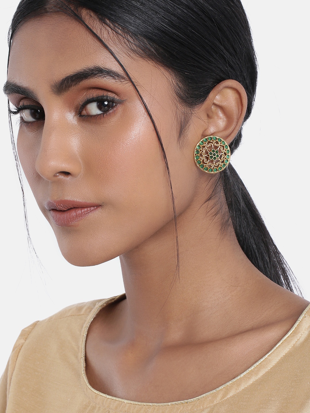 

I Jewels Green Circular Studs Earrings