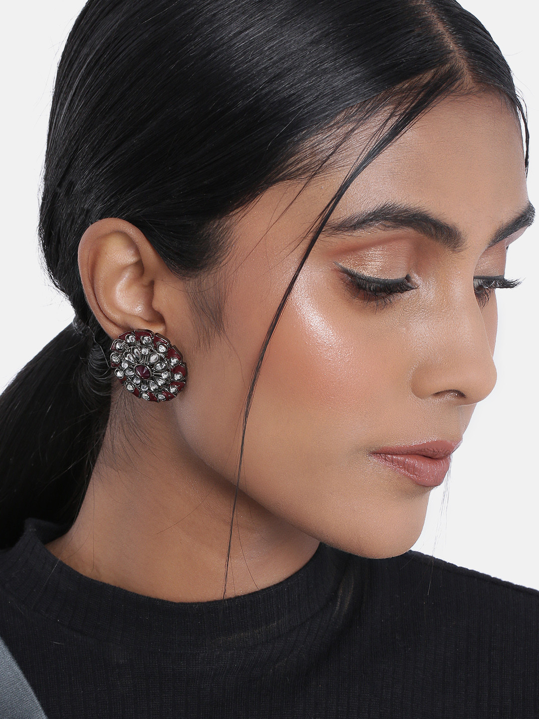 

I Jewels Maroon & Silver-Toned Circular Studs Earrings