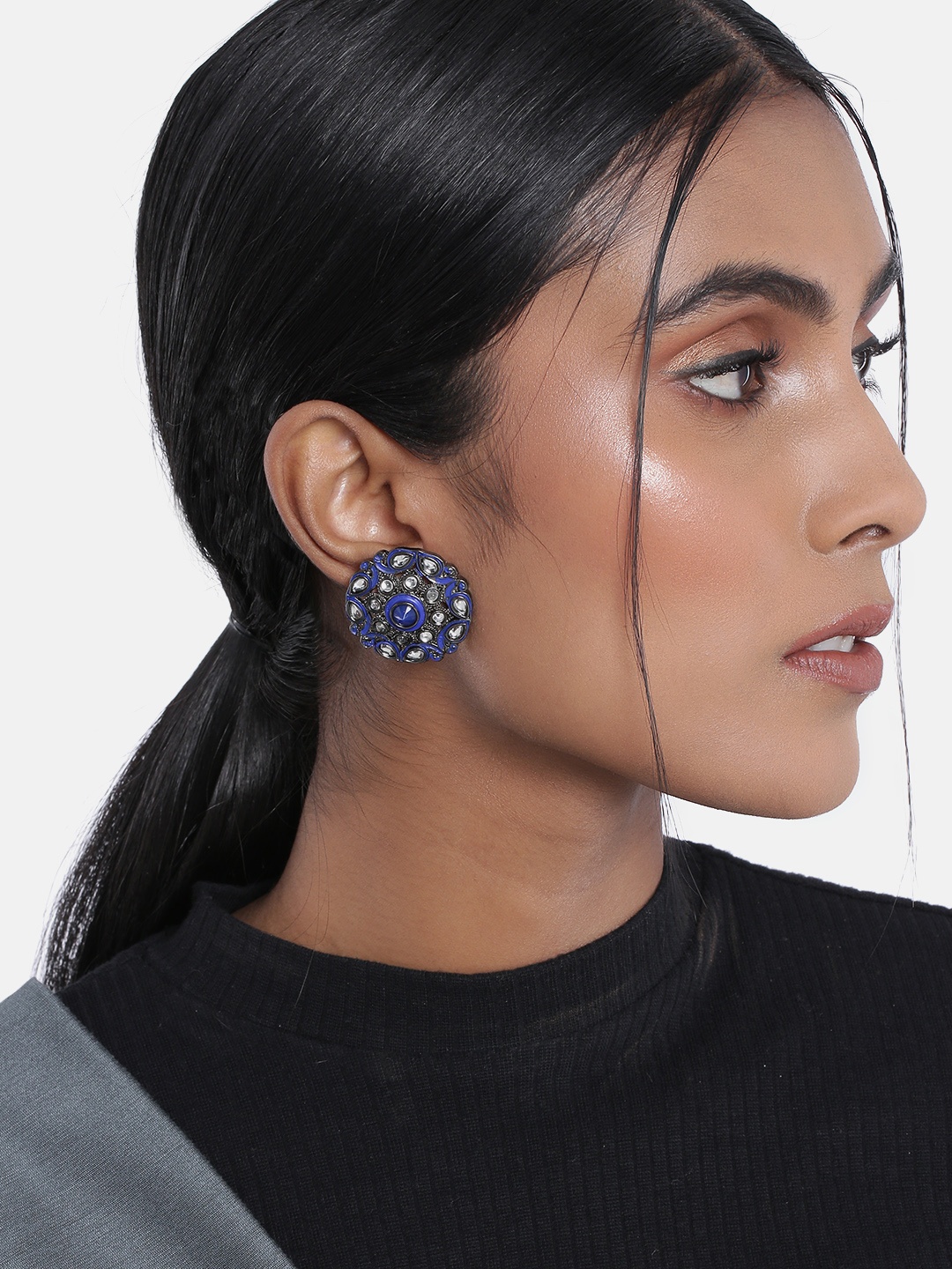 

I Jewels Blue & Silver-Toned Circular Studs Earrings