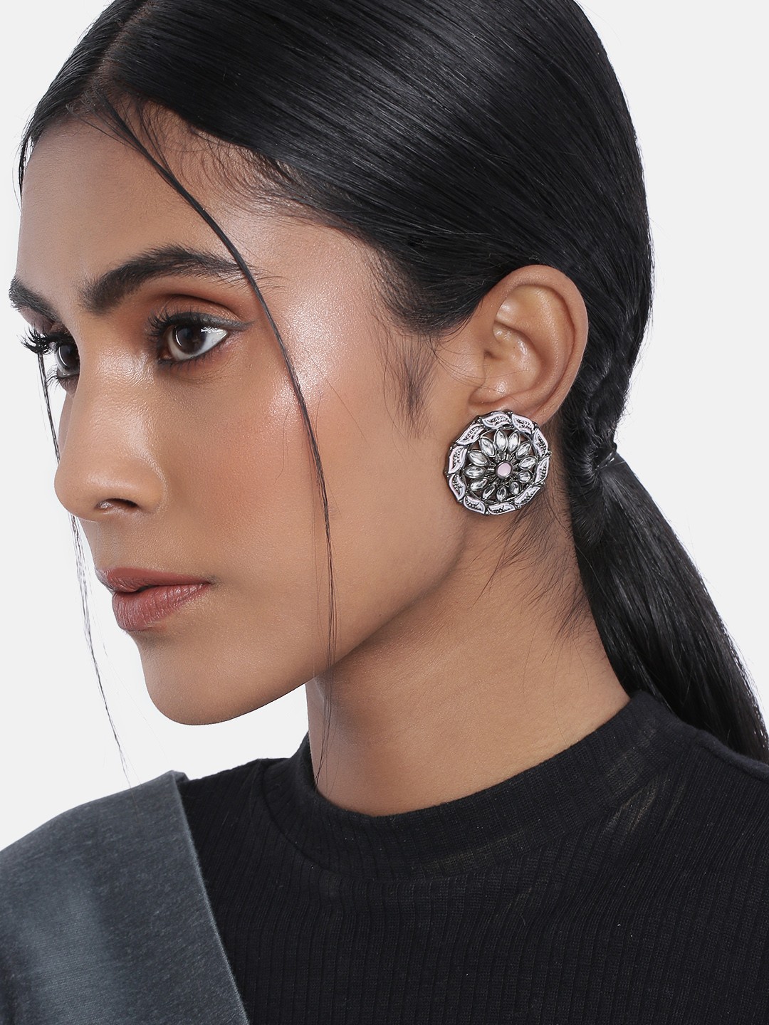

I Jewels Pink & Silver-Toned Circular Studs Earrings