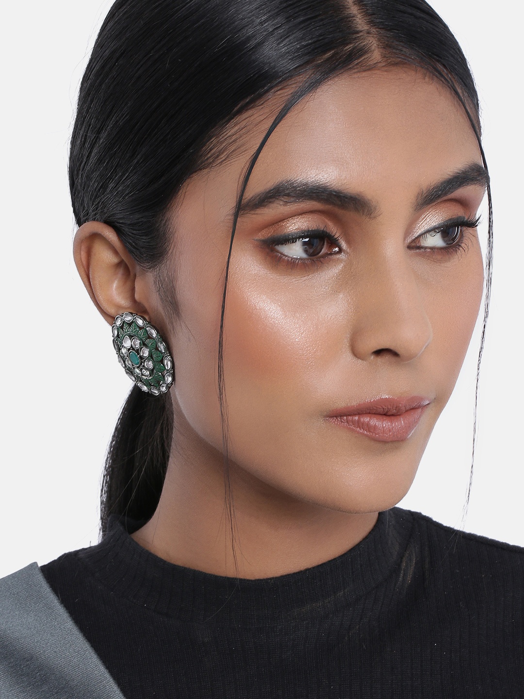 

I Jewels Green Oxidised Enamelled Kundan Studded Circular Studs