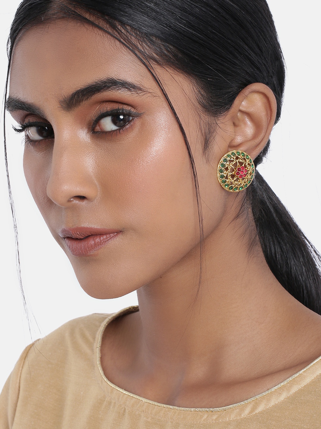 

I Jewels Maroon & Green Circular Studs Earrings
