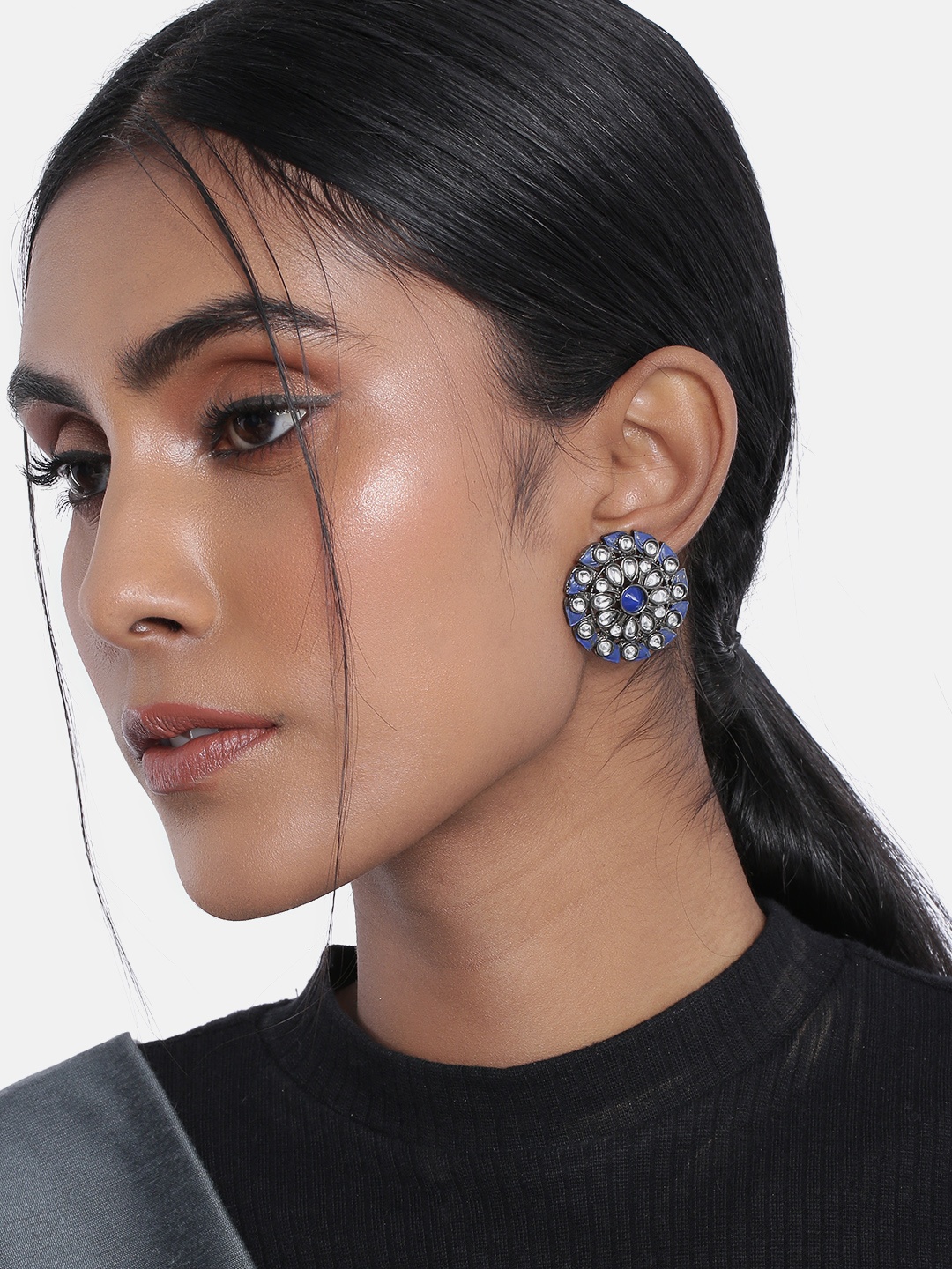 

I Jewels Blue & Silver-Toned Circular Studs Earrings