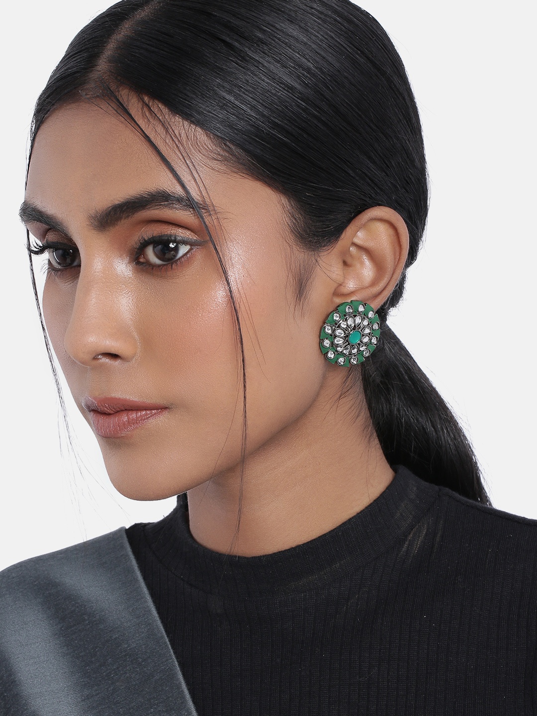 

I Jewels Green Oxidised Enamelled Kundan Studded Circular Studs