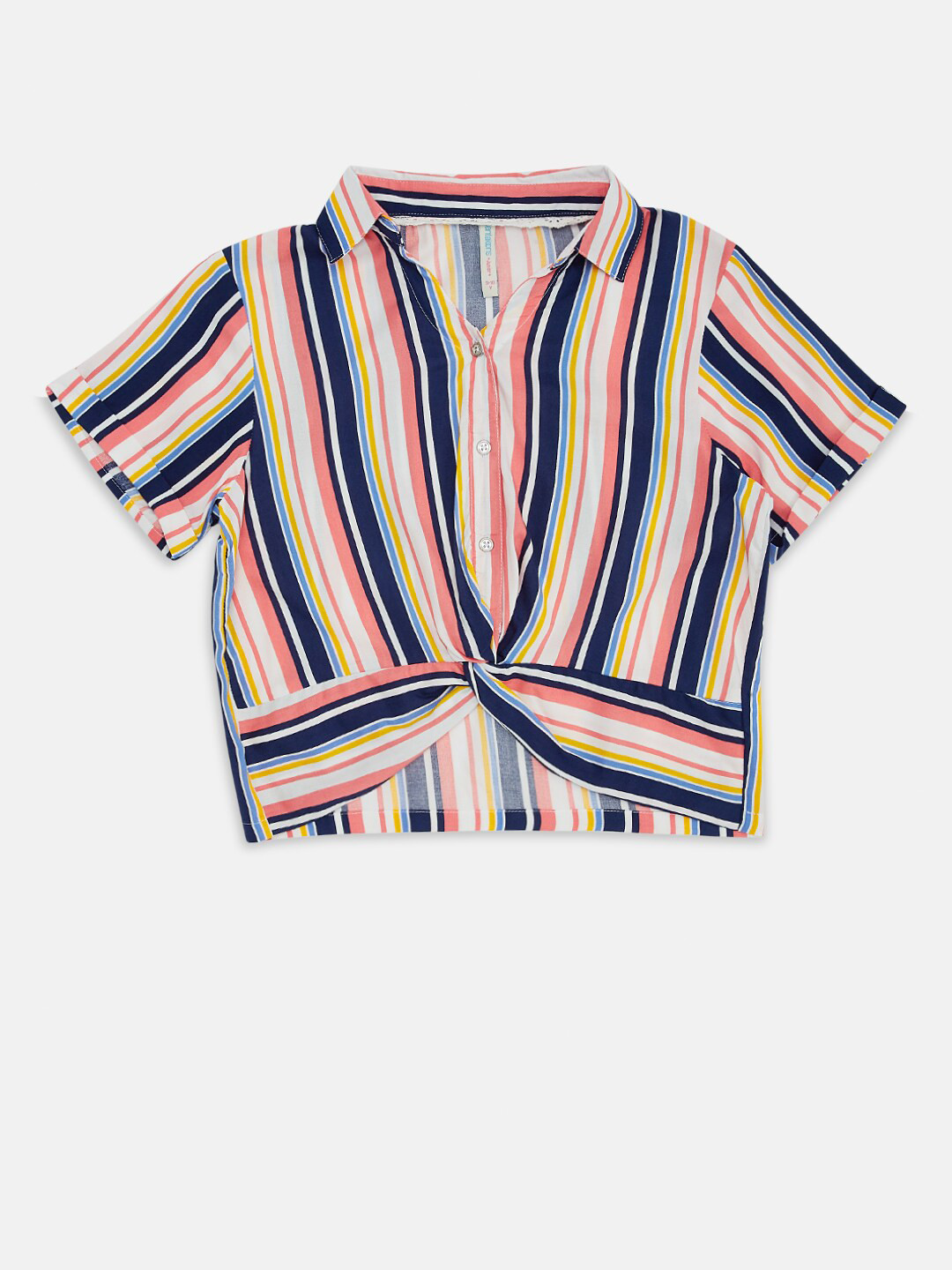 

Pantaloons Junior White & Pink Striped Pure Silk Georgette Shirt Style Top