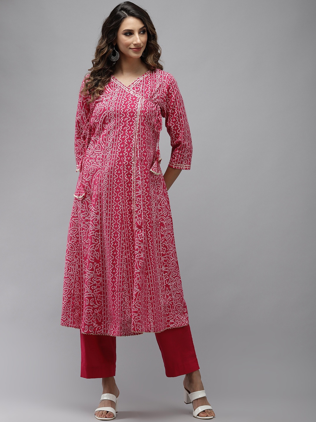

Ishin Women Pink Bandhani Printed Angrakha Gotta Patti Pure Cotton Kurta with Trousers