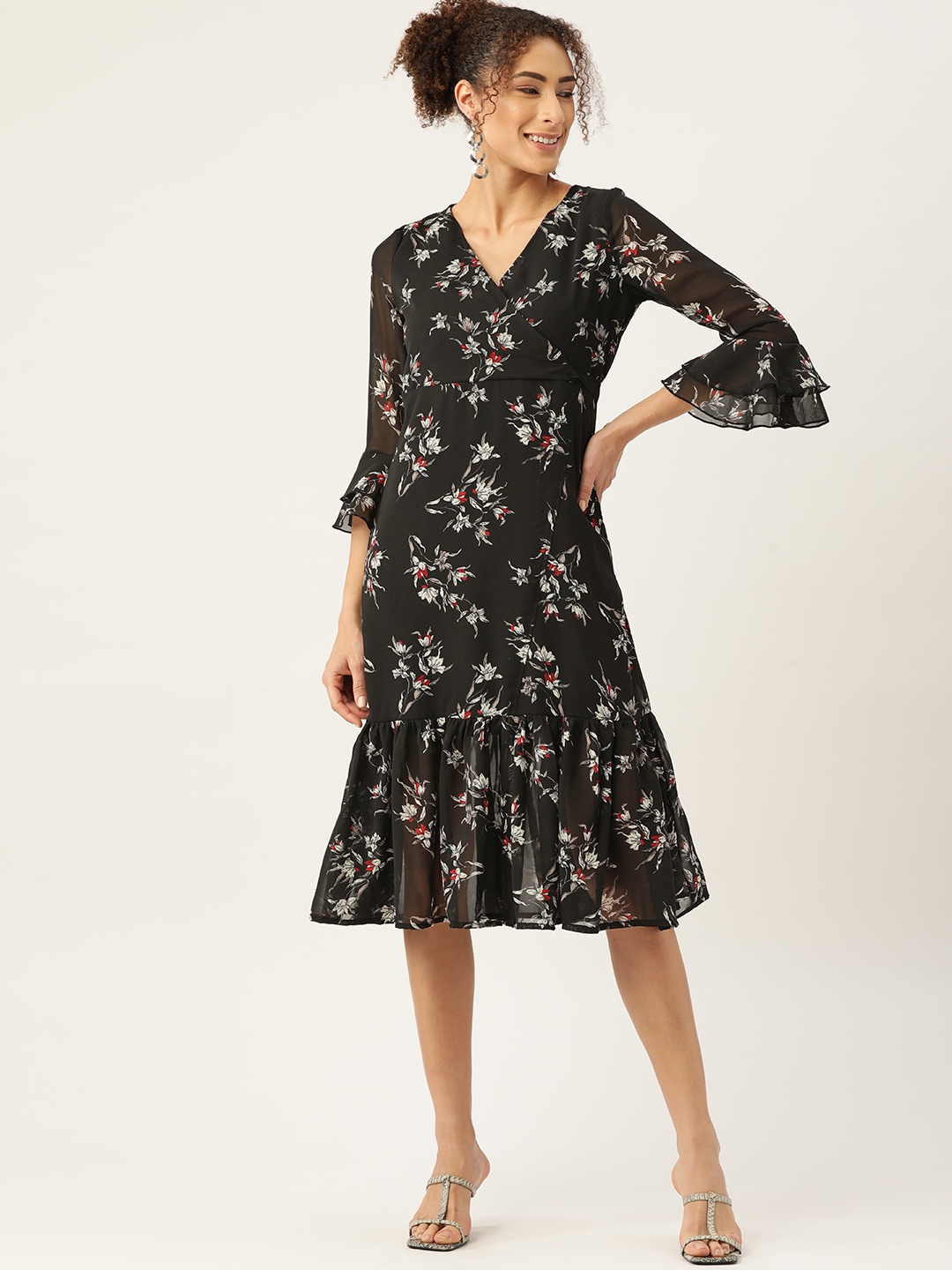 

WISSTLER Black Floral Georgette Midi Dress
