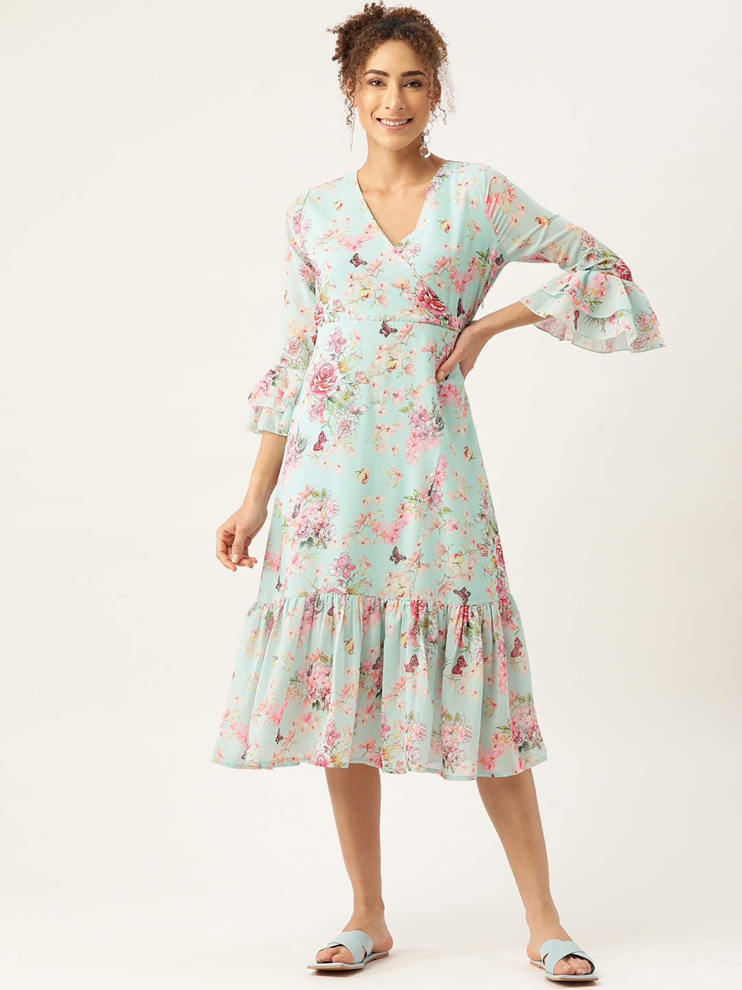 

WISSTLER Green Floral Georgette Midi Dress