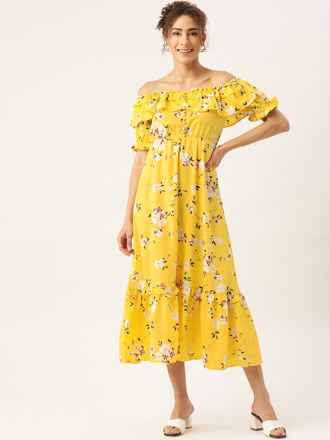 

WISSTLER Yellow Floral Off-Shoulder Crepe Midi Dress