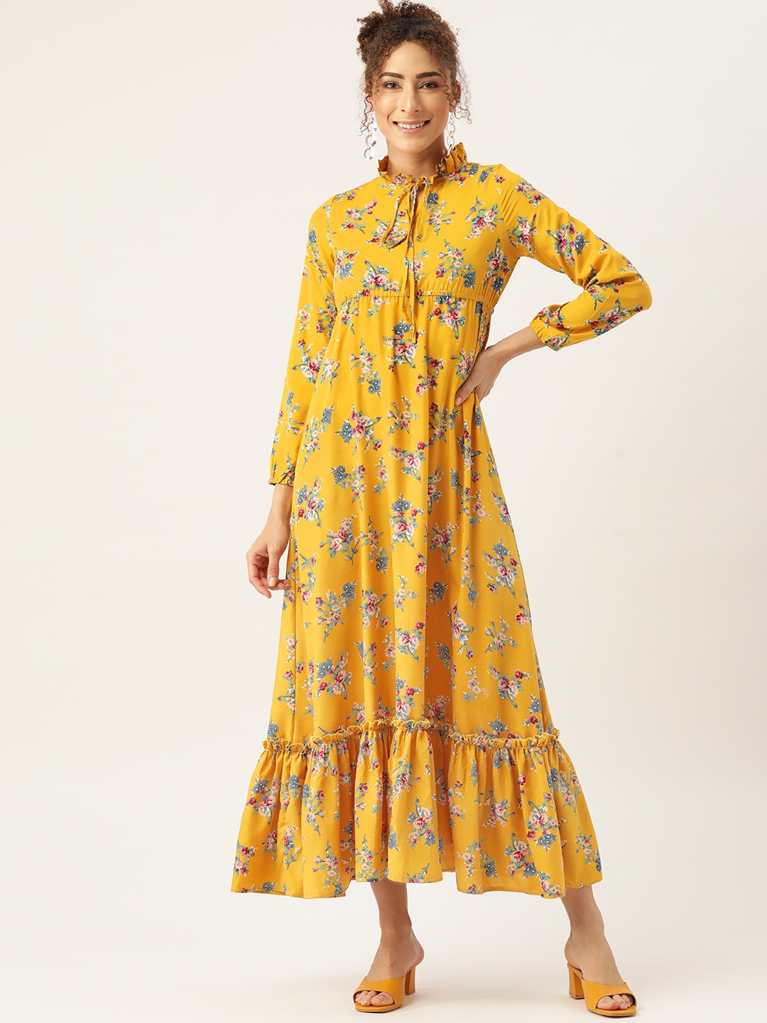 

WISSTLER Yellow Floral Tie-Up Neck Crepe Maxi Dress