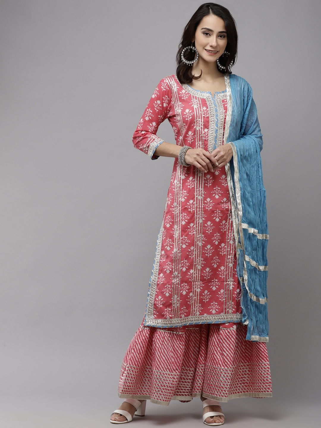 

Ishin Women Pink Floral Embroidered Regular Gotta Patti Pure Cotton Kurta with Sharara & With Dupatta