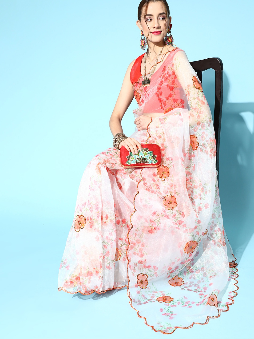 

Mitera Floral Saree with Embellished border, White