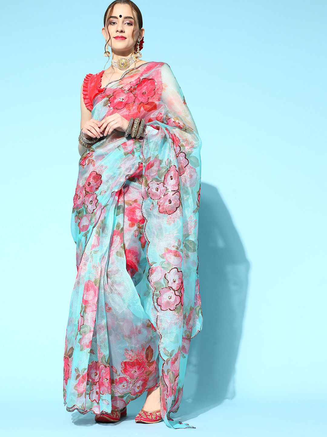 

Mitera Floral Saree with Embellished border, Blue