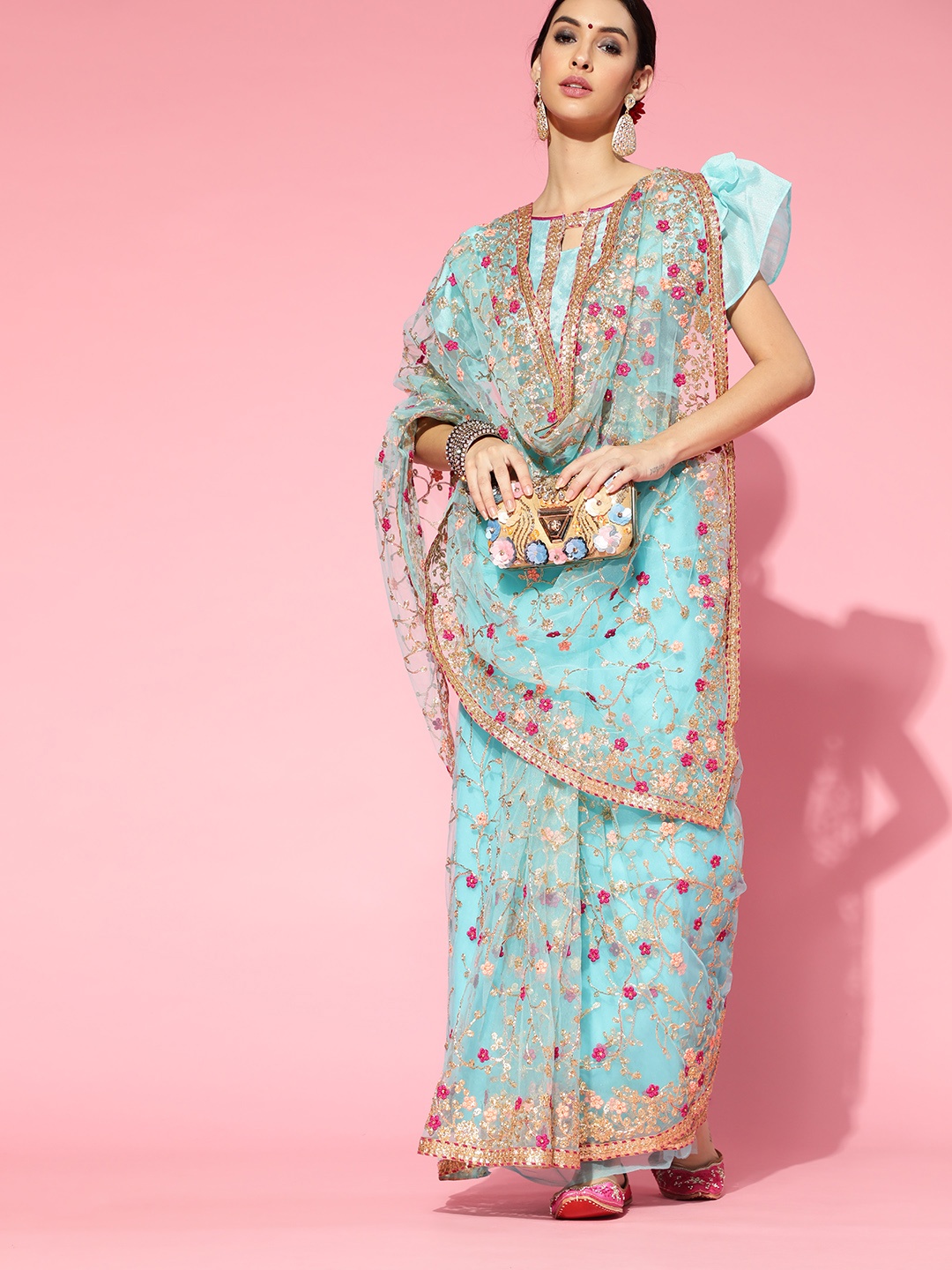

Mitera Blue Floral Net Heavy Work Saree