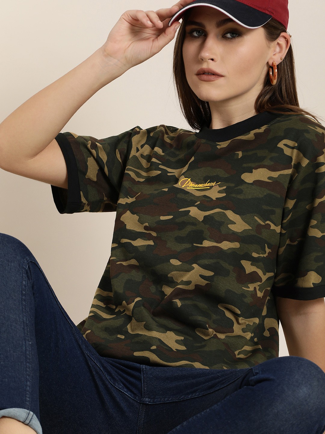 

Difference of Opinion Women Green Camouflage Printed Pure Cotton Oversized T-shirt