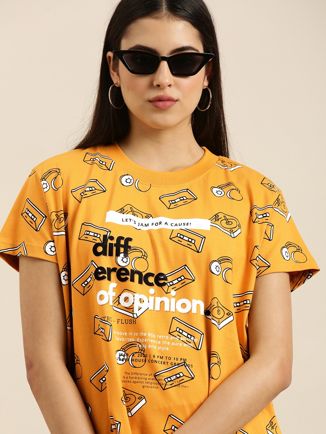 

Difference of Opinion Women Mustard Yellow Brand Logo Printed Pure Cotton Boxy T-shirt