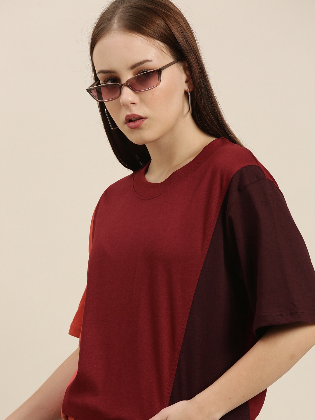 

Difference of Opinion Women Maroon Orange Colourblocked Pure Cotton Oversized T-shirt