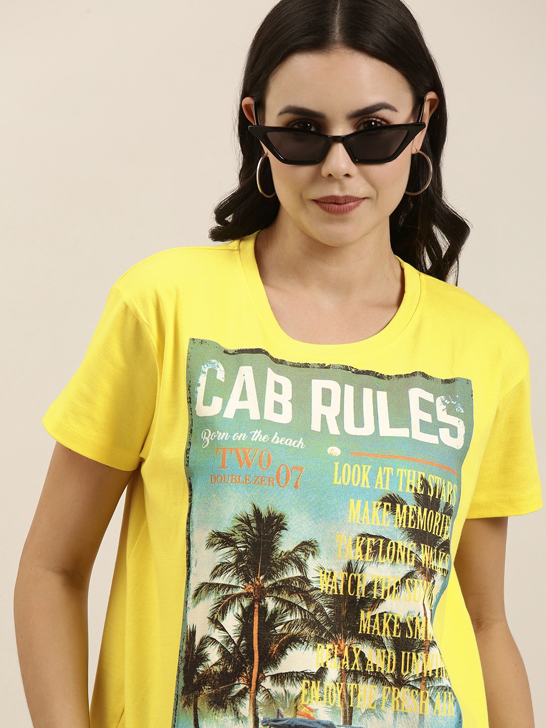 

Difference of Opinion Women Yellow Graphic Printed Pure Cotton Boxy T-shirt