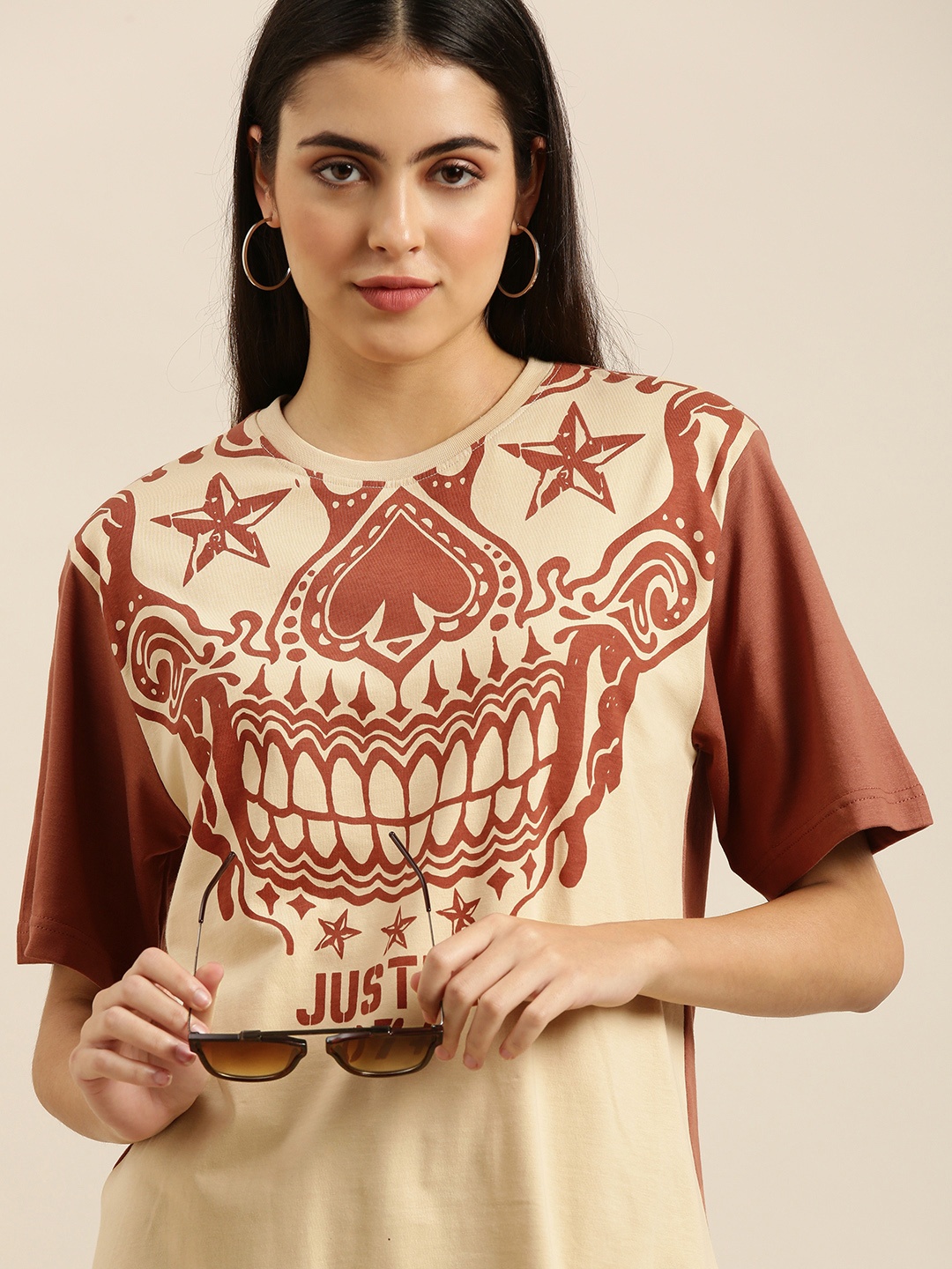 

Difference of Opinion Women Beige & Brown Printed Pure Cotton Loose T-shirt