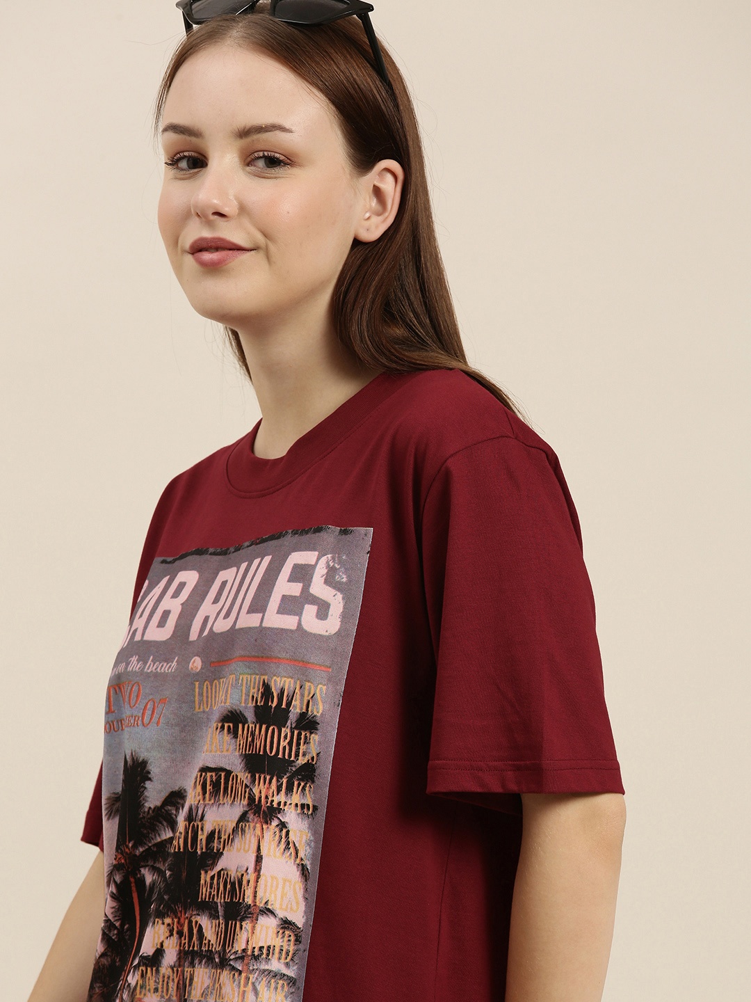 

Difference of Opinion Women Maroon Printed Pure Cotton Loose Pure Cotton T-shirt